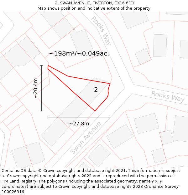 2, SWAN AVENUE, TIVERTON, EX16 6FD: Plot and title map