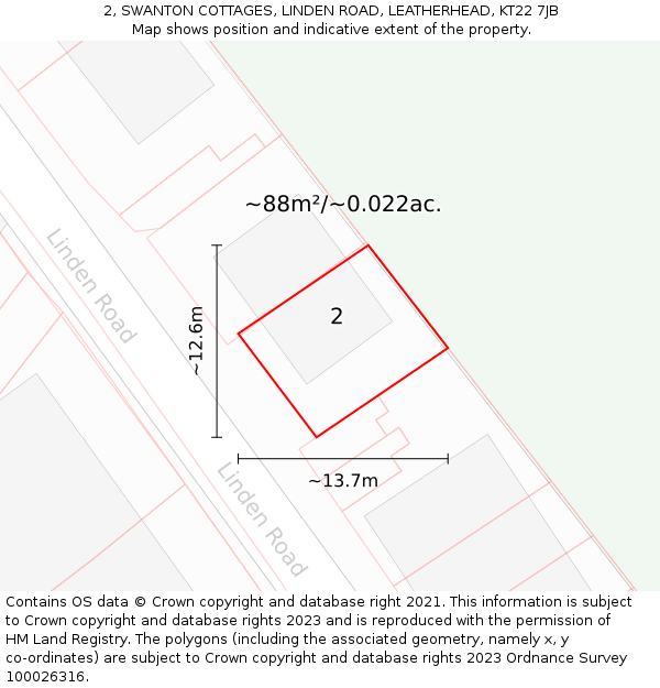 2, SWANTON COTTAGES, LINDEN ROAD, LEATHERHEAD, KT22 7JB: Plot and title map