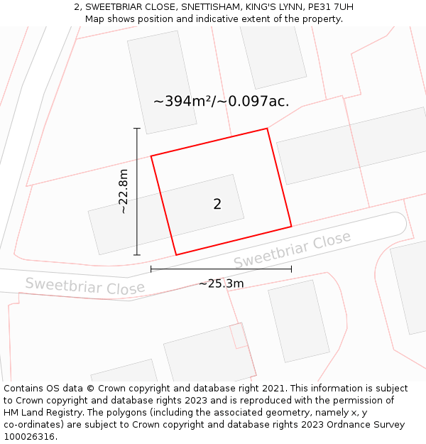 2, SWEETBRIAR CLOSE, SNETTISHAM, KING'S LYNN, PE31 7UH: Plot and title map