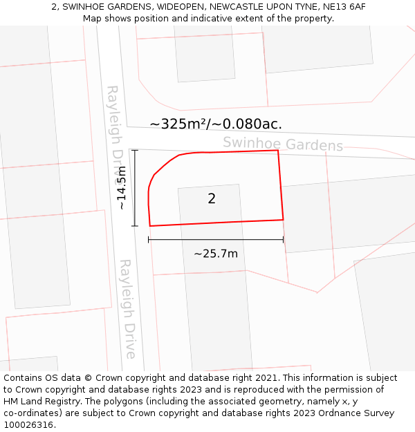 2, SWINHOE GARDENS, WIDEOPEN, NEWCASTLE UPON TYNE, NE13 6AF: Plot and title map