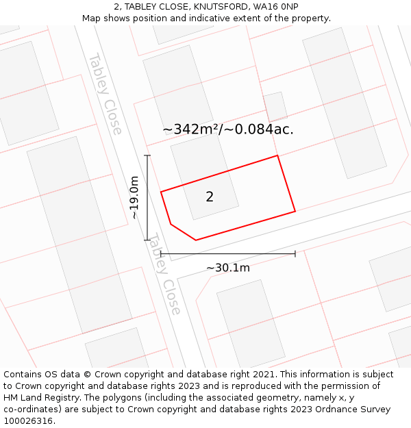 2, TABLEY CLOSE, KNUTSFORD, WA16 0NP: Plot and title map