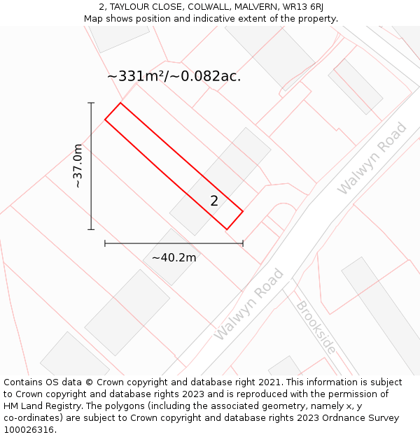2, TAYLOUR CLOSE, COLWALL, MALVERN, WR13 6RJ: Plot and title map