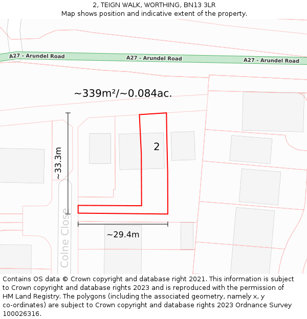 2, TEIGN WALK, WORTHING, BN13 3LR: Plot and title map