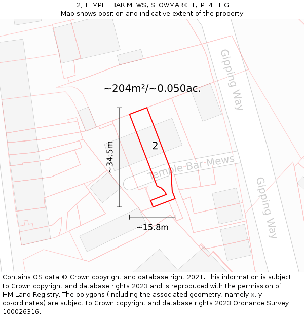 2, TEMPLE BAR MEWS, STOWMARKET, IP14 1HG: Plot and title map