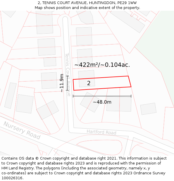 2, TENNIS COURT AVENUE, HUNTINGDON, PE29 1WW: Plot and title map