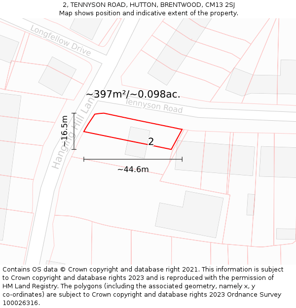 2, TENNYSON ROAD, HUTTON, BRENTWOOD, CM13 2SJ: Plot and title map