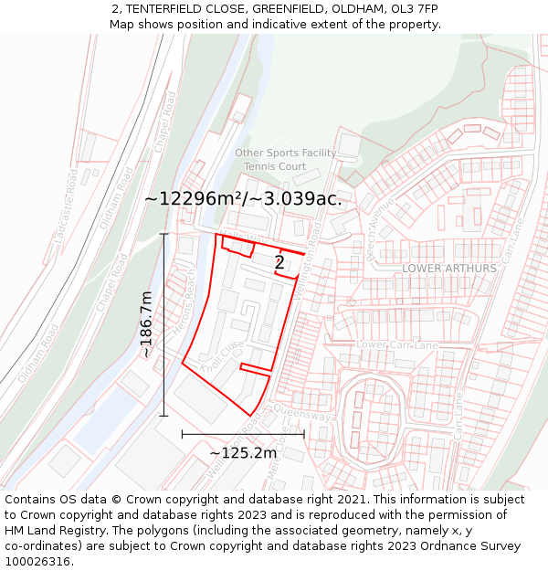 2, TENTERFIELD CLOSE, GREENFIELD, OLDHAM, OL3 7FP: Plot and title map