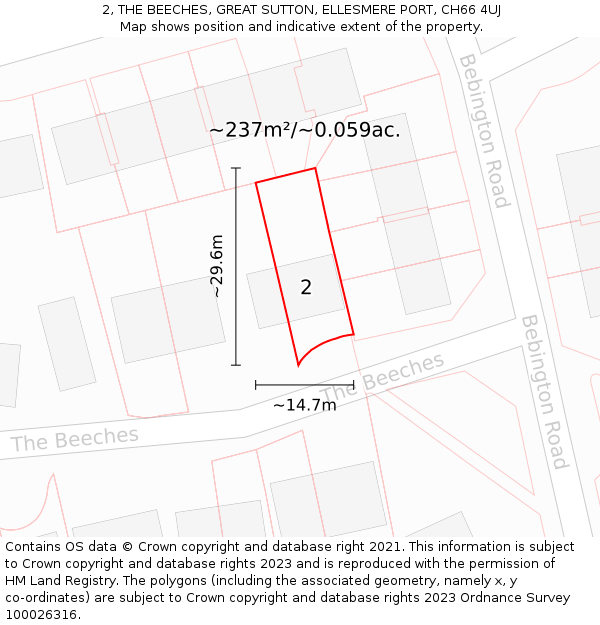 2, THE BEECHES, GREAT SUTTON, ELLESMERE PORT, CH66 4UJ: Plot and title map