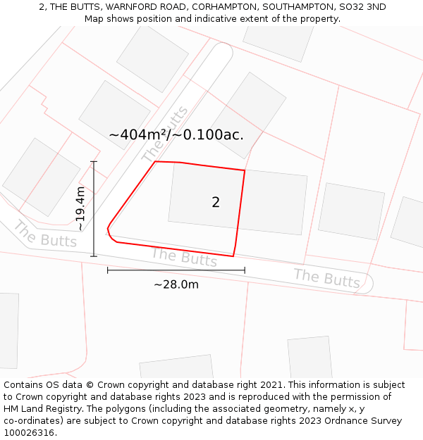 2, THE BUTTS, WARNFORD ROAD, CORHAMPTON, SOUTHAMPTON, SO32 3ND: Plot and title map