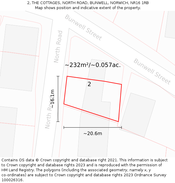 2, THE COTTAGES, NORTH ROAD, BUNWELL, NORWICH, NR16 1RB: Plot and title map