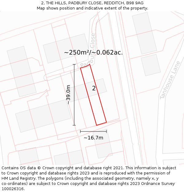 2, THE HILLS, PADBURY CLOSE, REDDITCH, B98 9AG: Plot and title map