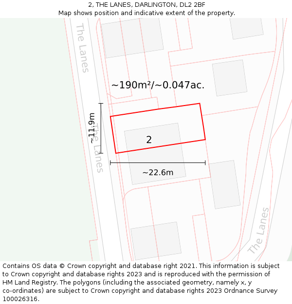 2, THE LANES, DARLINGTON, DL2 2BF: Plot and title map