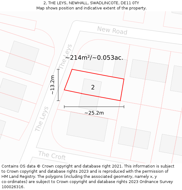 2, THE LEYS, NEWHALL, SWADLINCOTE, DE11 0TY: Plot and title map