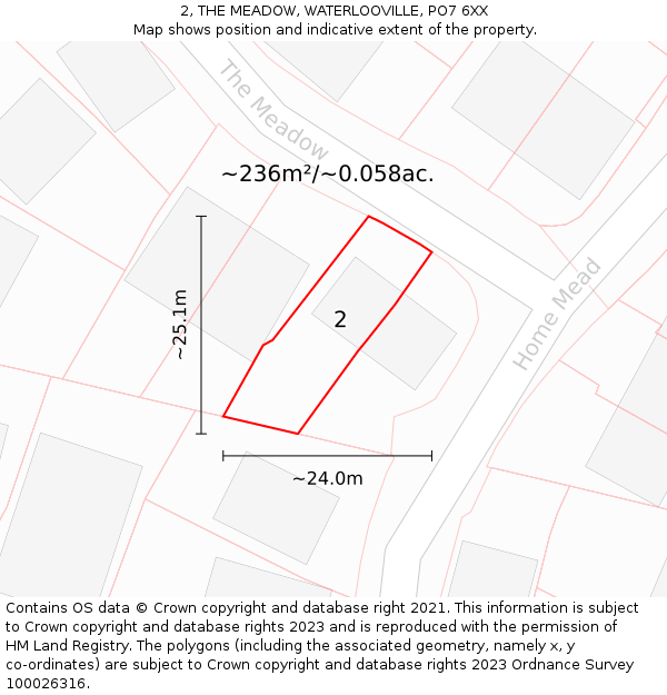 2, THE MEADOW, WATERLOOVILLE, PO7 6XX: Plot and title map