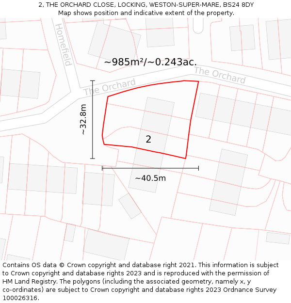 2, THE ORCHARD CLOSE, LOCKING, WESTON-SUPER-MARE, BS24 8DY: Plot and title map