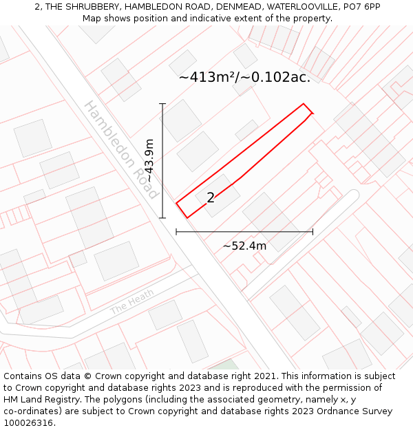 2, THE SHRUBBERY, HAMBLEDON ROAD, DENMEAD, WATERLOOVILLE, PO7 6PP: Plot and title map