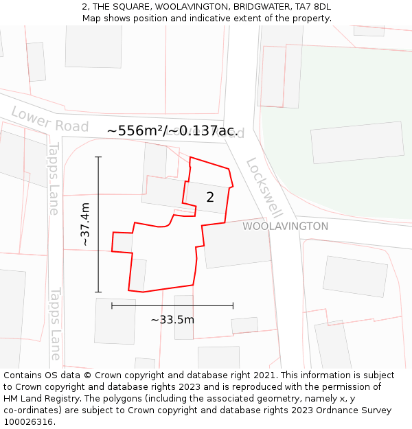 2, THE SQUARE, WOOLAVINGTON, BRIDGWATER, TA7 8DL: Plot and title map