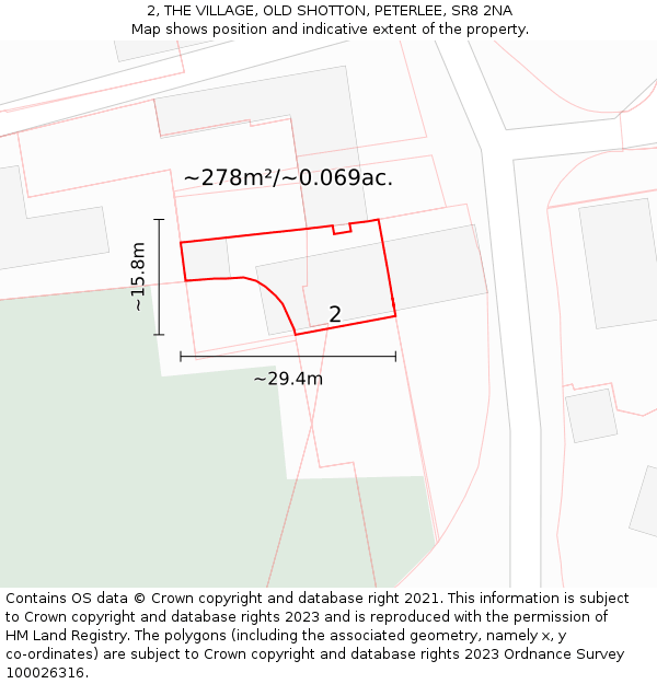 2, THE VILLAGE, OLD SHOTTON, PETERLEE, SR8 2NA: Plot and title map
