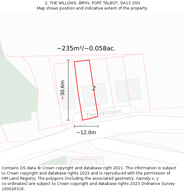 2, THE WILLOWS, BRYN, PORT TALBOT, SA13 2SN: Plot and title map