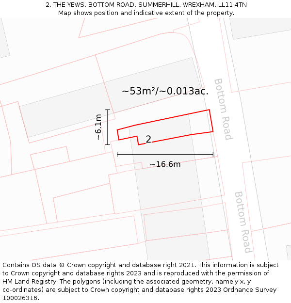 2, THE YEWS, BOTTOM ROAD, SUMMERHILL, WREXHAM, LL11 4TN: Plot and title map