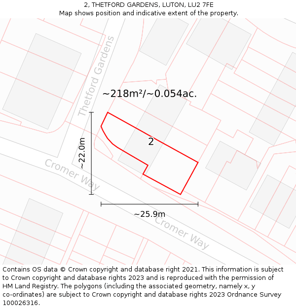 2, THETFORD GARDENS, LUTON, LU2 7FE: Plot and title map