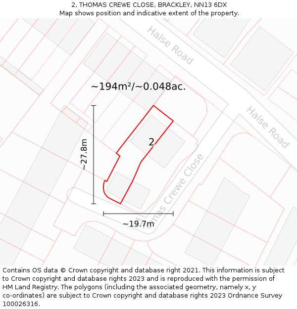 2, THOMAS CREWE CLOSE, BRACKLEY, NN13 6DX: Plot and title map