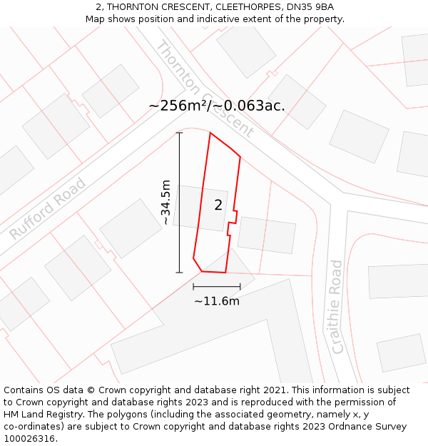 2, THORNTON CRESCENT, CLEETHORPES, DN35 9BA: Plot and title map
