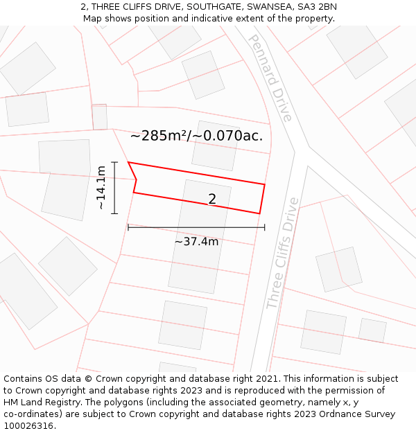 2, THREE CLIFFS DRIVE, SOUTHGATE, SWANSEA, SA3 2BN: Plot and title map