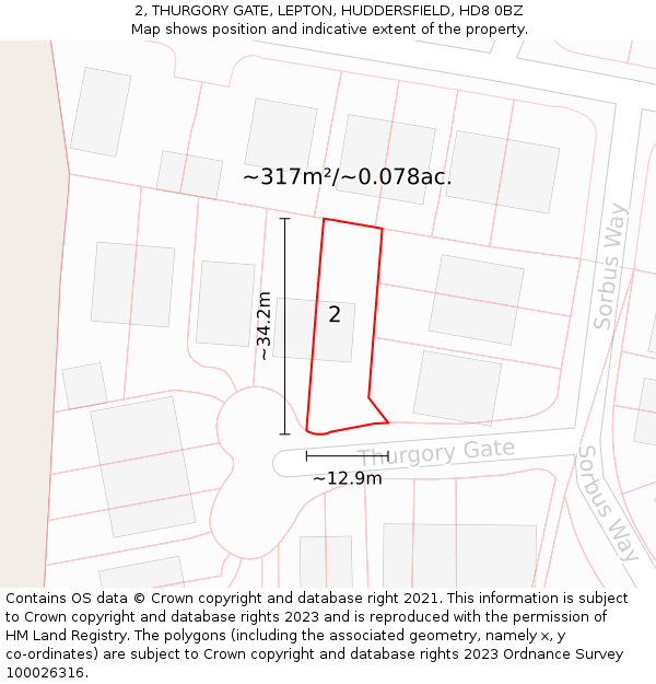2, THURGORY GATE, LEPTON, HUDDERSFIELD, HD8 0BZ: Plot and title map