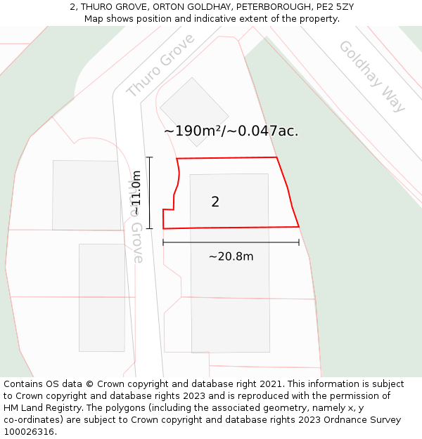 2, THURO GROVE, ORTON GOLDHAY, PETERBOROUGH, PE2 5ZY: Plot and title map