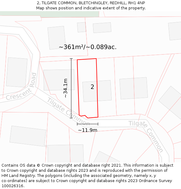 2, TILGATE COMMON, BLETCHINGLEY, REDHILL, RH1 4NP: Plot and title map