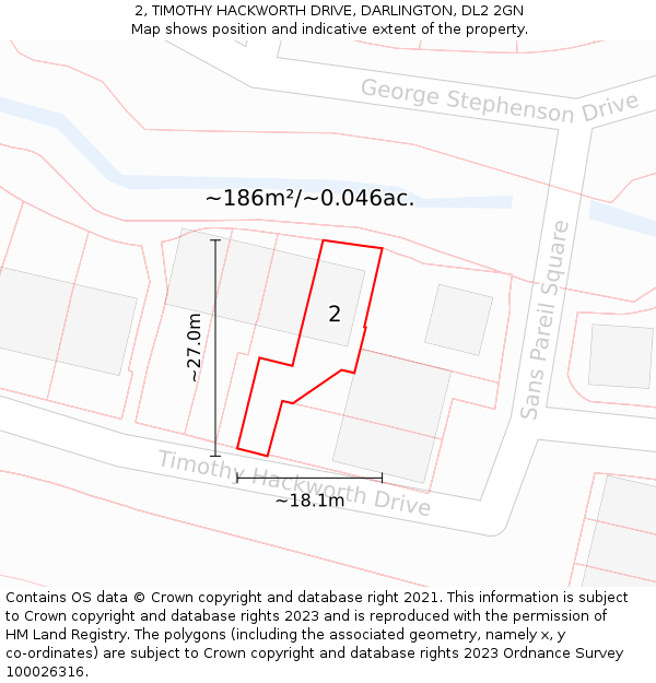 2, TIMOTHY HACKWORTH DRIVE, DARLINGTON, DL2 2GN: Plot and title map