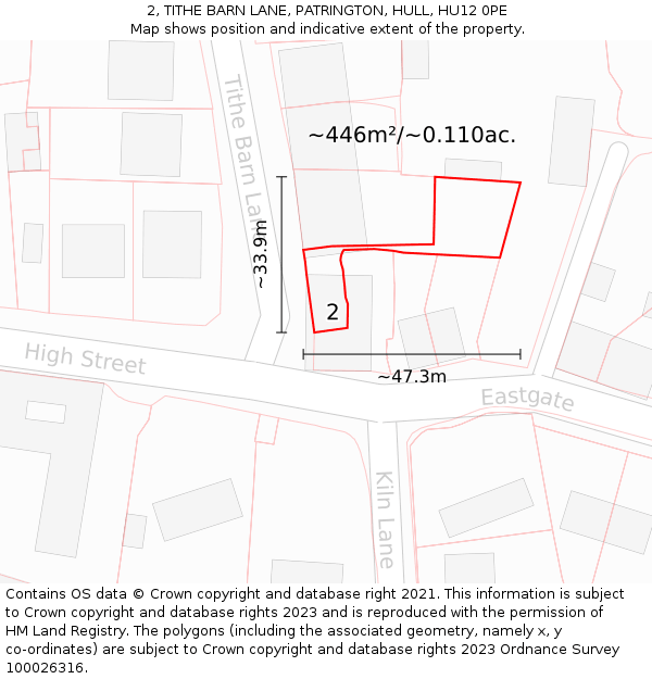 2, TITHE BARN LANE, PATRINGTON, HULL, HU12 0PE: Plot and title map