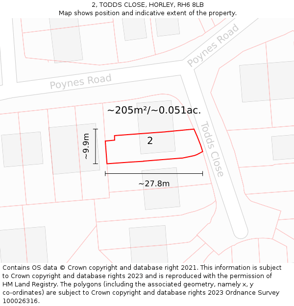 2, TODDS CLOSE, HORLEY, RH6 8LB: Plot and title map