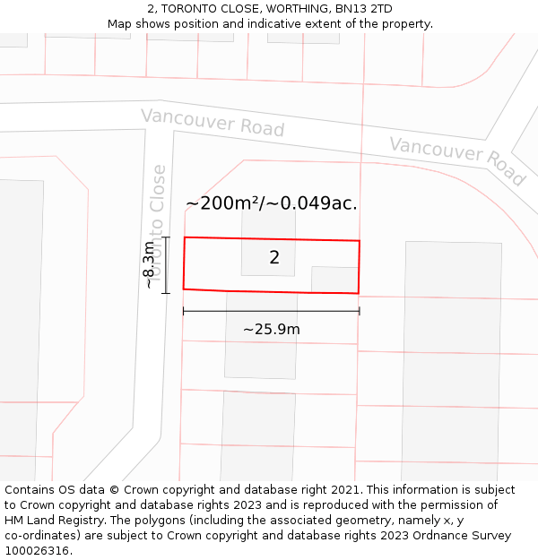 2, TORONTO CLOSE, WORTHING, BN13 2TD: Plot and title map