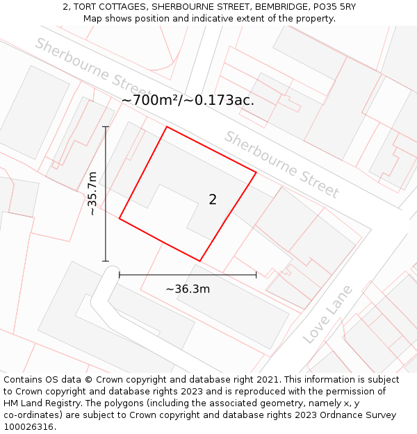 2, TORT COTTAGES, SHERBOURNE STREET, BEMBRIDGE, PO35 5RY: Plot and title map