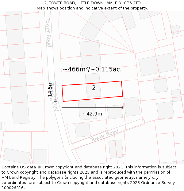 2, TOWER ROAD, LITTLE DOWNHAM, ELY, CB6 2TD: Plot and title map