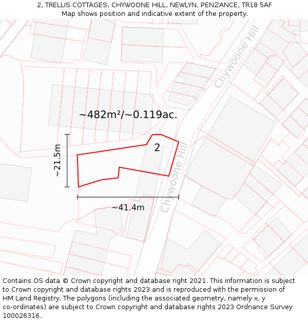 2, TRELLIS COTTAGES, CHYWOONE HILL, NEWLYN, PENZANCE, TR18 5AF: Plot and title map