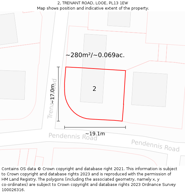 2, TRENANT ROAD, LOOE, PL13 1EW: Plot and title map