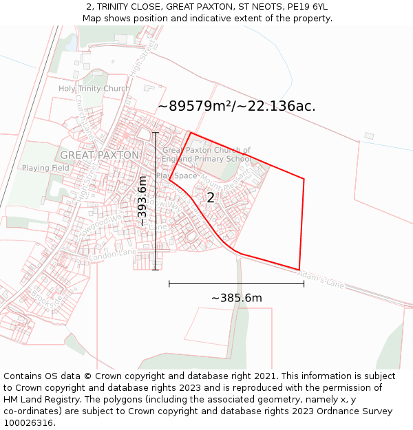 2, TRINITY CLOSE, GREAT PAXTON, ST NEOTS, PE19 6YL: Plot and title map