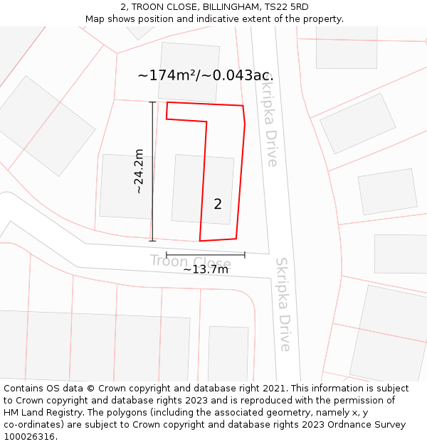 2, TROON CLOSE, BILLINGHAM, TS22 5RD: Plot and title map
