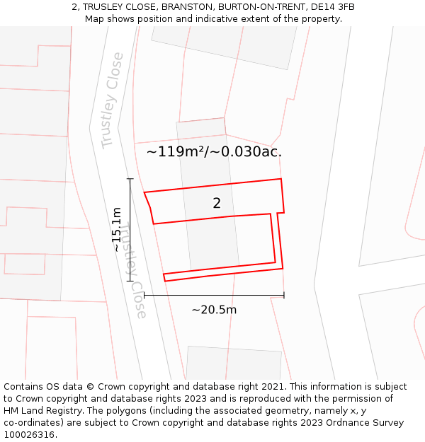 2, TRUSLEY CLOSE, BRANSTON, BURTON-ON-TRENT, DE14 3FB: Plot and title map