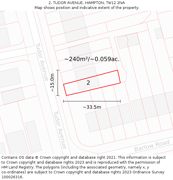 2, TUDOR AVENUE, HAMPTON, TW12 2NA: Plot and title map