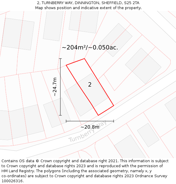 2, TURNBERRY WAY, DINNINGTON, SHEFFIELD, S25 2TA: Plot and title map