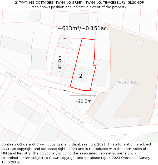 2, TWYNING COTTAGES, TWYNING GREEN, TWYNING, TEWKESBURY, GL20 6DF: Plot and title map