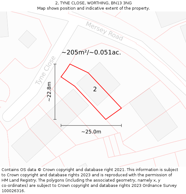 2, TYNE CLOSE, WORTHING, BN13 3NG: Plot and title map