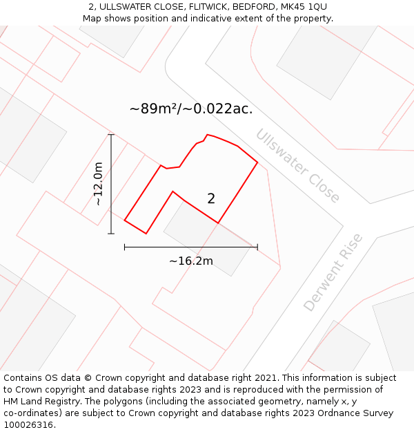 2, ULLSWATER CLOSE, FLITWICK, BEDFORD, MK45 1QU: Plot and title map