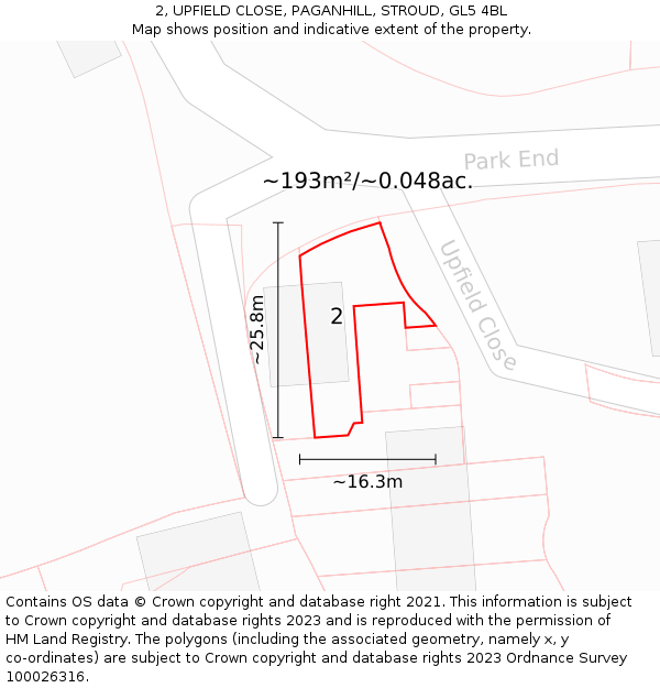 2, UPFIELD CLOSE, PAGANHILL, STROUD, GL5 4BL: Plot and title map