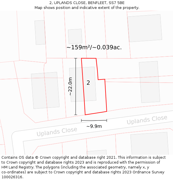 2, UPLANDS CLOSE, BENFLEET, SS7 5BE: Plot and title map