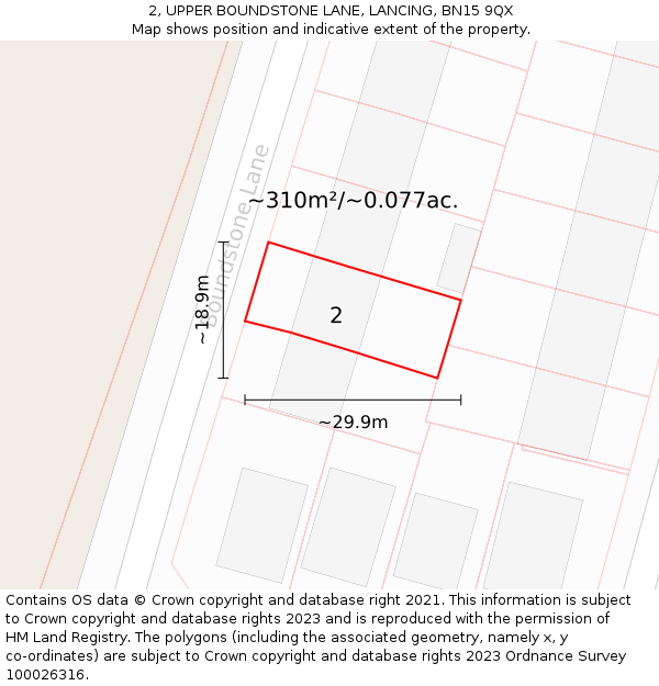 2, UPPER BOUNDSTONE LANE, LANCING, BN15 9QX: Plot and title map